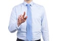 A male in a formal shirt with a tie is pushing the invisible button.