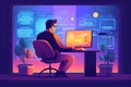 male freelancer working on computer at home at night.