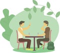 Male friends drinking in a bar, pub, coffee shop. business suit. Vector, flat design people.Two male colleagues chatting