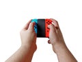 Male gamer hands on console control playing Video game or videogame. Point of view or pov of Game controller in hands isolated on Royalty Free Stock Photo