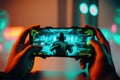 Male gamer holding smartphone with shooting mobile video game on screen. Generative AI