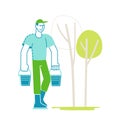 Male Gardener Character Carry Buckets for Watering Trees and Bushes in Garden. Man in Boots Gardening Nature Outdoor