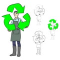 Male gardener holding green recycle sign vector illustration sketch doodle hand drawn with black lines isolated on white