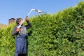 Male gardener using a long reach pole hedge trimmer to cut the top of a tall hedge. Professional gardener with a professional Royalty Free Stock Photo