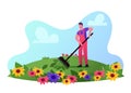 Male Gardener Wearing Working Overalls Care of Flowers on Field Raking Ground, Gardening Business, Seasonal Activity