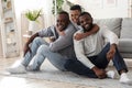 Male Generations. Portrait of preteen black boy hugging dad and grandfather Royalty Free Stock Photo