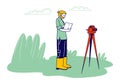 Male Geologist or Archaeologist Stand near Theodolite Learning Paper Documents during Geological