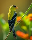 Male Goldfinch perched on flower stem