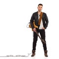 Male guitarist with bass guitar. Royalty Free Stock Photo