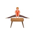 Male gymnast doing exercise on pommel horse. Cartoon strong guy. Gymnastics artistic. Professional athlete in sportswear