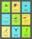 Male gymnast set of cards vector illustration. Competitive gymnastic. Horizontal bar. Parallel bars. Balance beam