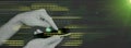 Male hacker`s hand with a mobile phone, trying to find the access code. A person using the dark web with a smartphone. Mobile