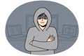 Male hacker stand near computers