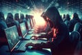 Male hacker thinking about the problem of hacking and stealing access databases with passwords. Concept of cyber security.