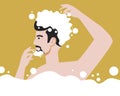 Man washing hair with shampoo, Flat vector stock illustration with beard wash and male hygiene, body cleaning