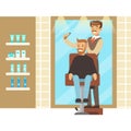 Male hairdresser brushing hair of bearded man. Colorful cartoon character vector Illustration