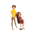 Male hairdresser making hairstyle to young woman, professional hair stylist at workplace cartoon vector Illustration