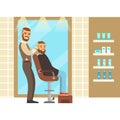 Male hairdresser serving client. Colorful cartoon character vector Illustration