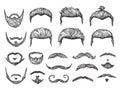 Male hairs sketch. Beard, mustache facial elements. Hand drawn hipster haircuts. Isolated fashion models barber shop