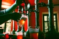 Male hand, bartender pouring foamy lager beer from tap into glass. Bar,, pub worker serving beer mug to customer Royalty Free Stock Photo