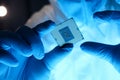 Male hand in blue protective gloves hold micro rocessor closeup