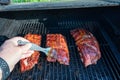 Male hand brushing BBQ sauce on ribs Royalty Free Stock Photo