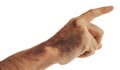 Male hand close up. Person points direction with his finger. Index finger of male hand on white background. 