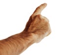 Male hand close up. Person points direction with his finger. Index finger of male hand on white background. Isolated