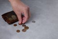 Male hand counting metal coins next to wallet Royalty Free Stock Photo