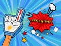 Male hand in the country flag glove of a sports fan raised up celebrating win and Belgium speech bubble with stars and clouds. Col Royalty Free Stock Photo