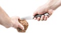 Man is ready to cut bread Royalty Free Stock Photo