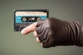 Male hand with glove holding an old music tape