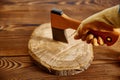 Male hand in glove holds an axe, woodworker