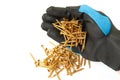 A male hand in a glove spills out yellow zinc torx screws.