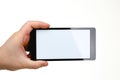 Male hand hoding smartphone isolated on