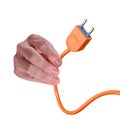 The male hand hold a cable plugin on white background.