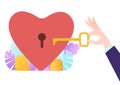 Male hand hold golden key to open lock lovely heart, romantic lovely concept valentine day banner flat vector Royalty Free Stock Photo