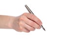 Male hand hold metall Feather pen.  on white background. Copy space, template. Side view. Conclusion of a contract Royalty Free Stock Photo