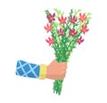 Male hand hold spring blossom flower, male arm give present bouquet pick field floret isolated on white, flat vector