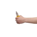 Male hand hold yellow pliers isolated over white background Royalty Free Stock Photo