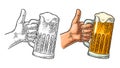 Male hand holding beer glass and showing symbol Like. Vector vintage engraving