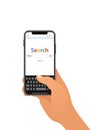 A male hand holding black modern cellphone with simple Internet Search engine form on white screen