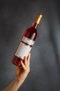 Male hand holding bottle of pink red wine, natural fruit alcohol liquor with empty label on grey background. Mock up, template for Royalty Free Stock Photo