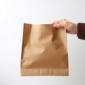 Male hand hand holding brown paper bag. Delivery service service concept. Packaging mock up template
