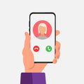 Male Hand Holding Cellphone With Incoming Call, White Background, Vector Royalty Free Stock Photo