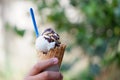 A male hand holding a cone of Thai coconut milk ice cream with blurred green bokeh and nature background Royalty Free Stock Photo