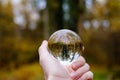 male hand holding crystal glass ball against nature background with reflections Royalty Free Stock Photo