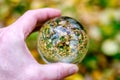 male hand holding crystal glass ball against nature background with reflections Royalty Free Stock Photo