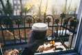 Male hand holding cup of coffee morning sun against the window Royalty Free Stock Photo