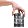 Male hand holding empty tin can. No more food Royalty Free Stock Photo